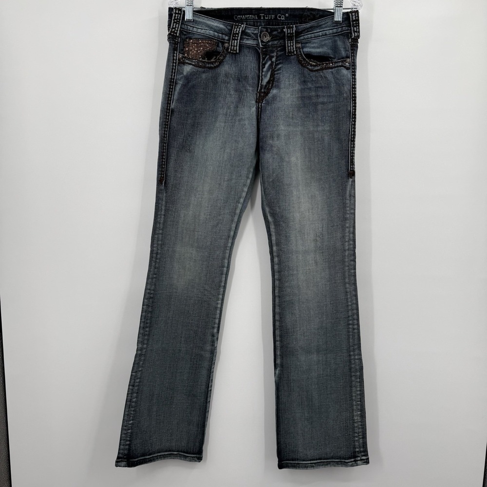Cowgirl Tuff Jeans Womens 30 Blue Bootcut Long Brown Sequin Rodeo Ranch